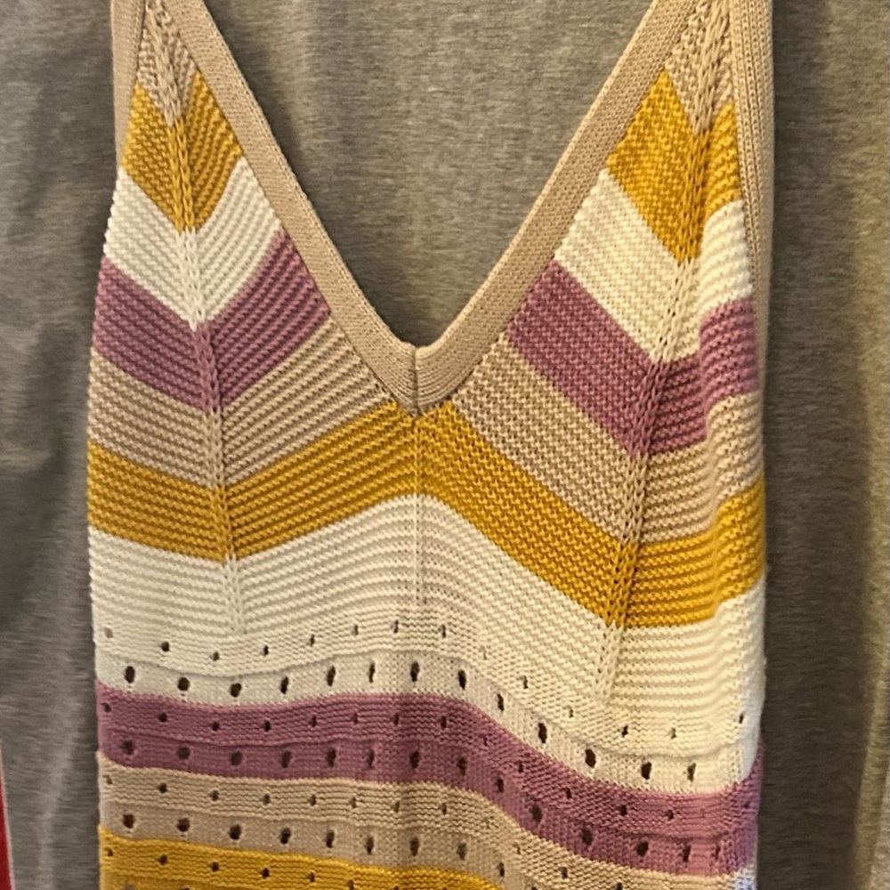 ULTRA FLIRT Striped Knit Crochet Dress in Purple, Tan, Yellow, and Cream